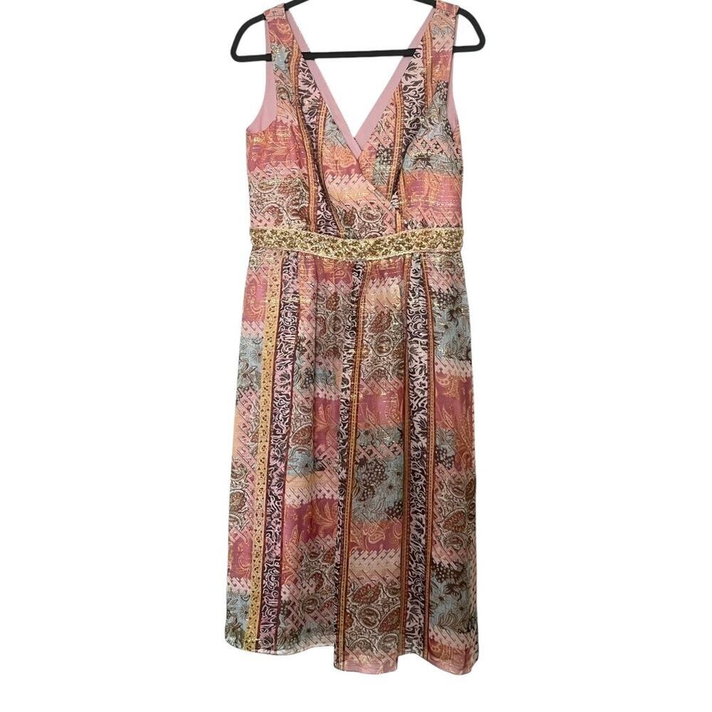 Kay Unger Women's Vintage Silk Paisley Print Beaded Waistband Midi Dress Size 12